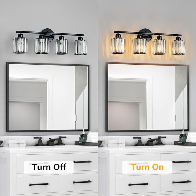 FDPBY Modern 4 Light Crystal Vanity Light, Plating Black Vertical Bathroom Light Fixture Over Mirror for Dressing Table Sink, Compatible with Dimmable Bulbs (Bulbs Not Included)