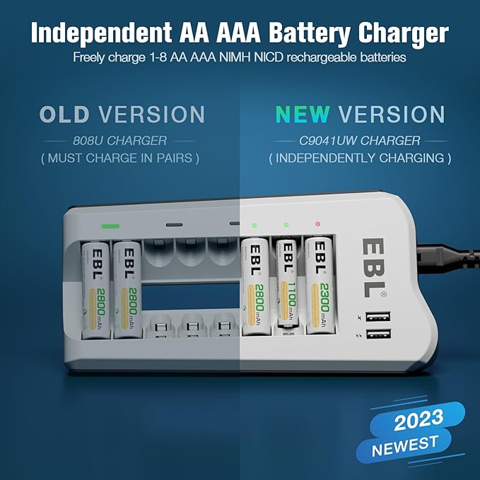 EBL Battery Charger and Rechargeable Batteries AA AAA - 8Bay Smart Charger with 2800mAh AA Rechargeable Batteries(4pcs) & AAA Battery Ni-MH Battery(4pcs) Combo