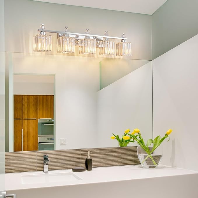 FDPBY Vanity Lights 5-Light Modern Crystal Vanity Light Chrome Bathroom Light Fixtures Over Mirror Crystal Bathroom Vanity Lighting Fixtures