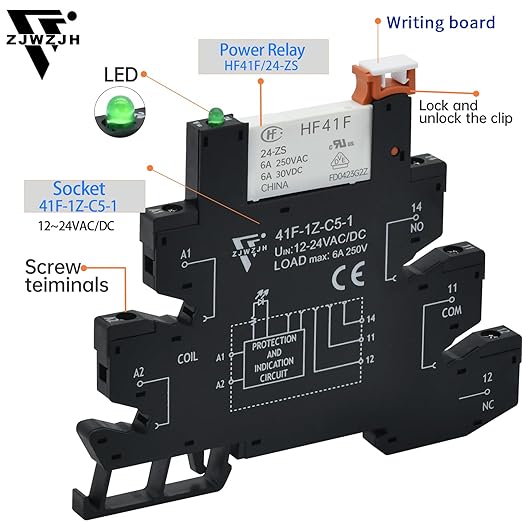 2Pcs Miniature Power Relay Black DC 24V HF41F/24-ZS 5 Pin 1NO 1NC 6A SPDT with LED Indicator with Socket Base 41F-1Z-C5K with DIN Rail Slotted