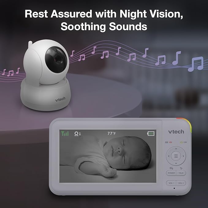VTech 2 Cameras Video Baby Monitor with 5" LCD Screen,Up to 17Hrs Video & 31Hrs Audio, Night Vision, Pan-Tilt-Zoom, Lullabies, Soothing Sounds, Temperature Sensor,Split Screen, No WiFi: 924-2W