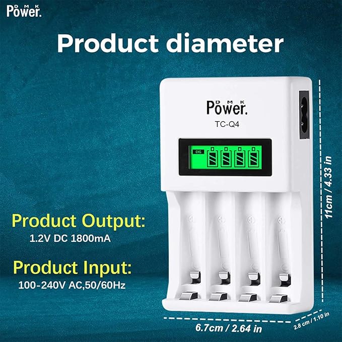 DMK POWER Rechargeable High Capacity Batteries 1.2V NiMH Low Self Discharge (AA White 2800MAH (4 Pieces) and TC-Q4 Charger)