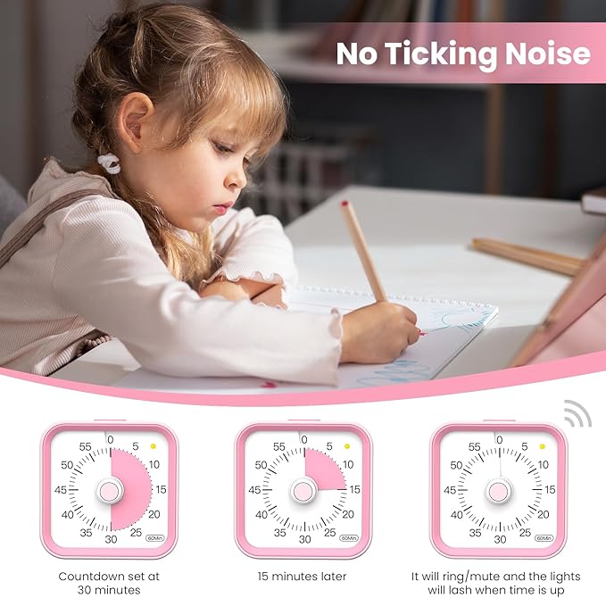 InfPokid Visual Timer for Kids with Pause Function, 60 Minute Countdown Timer for Kids Desk Study, Teaching, Kitchen Cooking, Office Meetings, Time Management for ADHD (Pink)