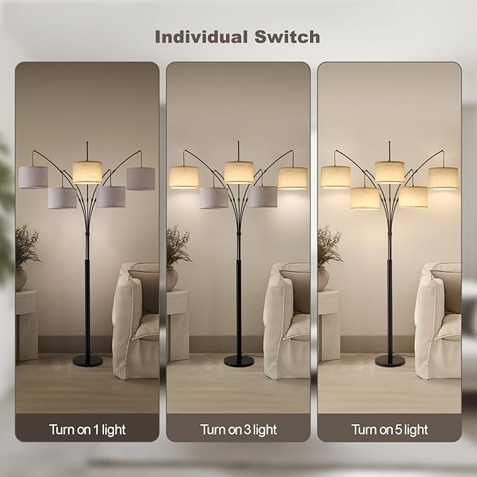 Fansdrick Floor Lamps for Living Room, 4000LM Super Bright Arc Floor Lamp with Remote Control, 5 Light Tall Floor Lamps with Stepless Dimmable, 80" Mid Century Tree Floor Lamp for Bedroom, Office