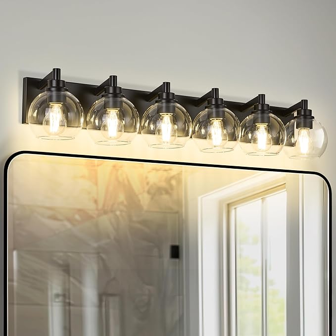 METWET Bathroom Light Fixtures, 6 Light Matte Black Vanity Light, 38 Inch Modern Wall Sconces with Globe Clear Glass Shade, Vanity Lighting Fixtures Over Mirror, VL195-MB-6
