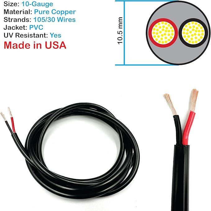 NATIONAL Wire & Cable – 10 AWG 2-Conductor Premium Copper Wire, 100 ft, Stranded | Made in USA, Heavy-Duty Flexible Jacket | Automotive, Solar, Battery, Indoor and Outdoor Use