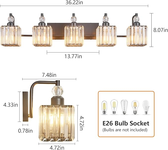 BBLLWJ 5 Light Bathroom Vanity Light Modern Black Vanity Light Fixtures Bathroom Light Fixtures Over Mirror Crystal Vanity Lighting Fixtures