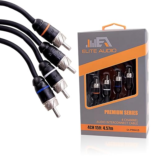 Elite Audio Premium Series 15ft. 4-Channel Car Audio RCA Cable – Double Shielded, Oxygen Free Copper, Noise Reducing Audio Cable for Amplifiers, Subwoofers, Speakers, and Processors – PRM415
