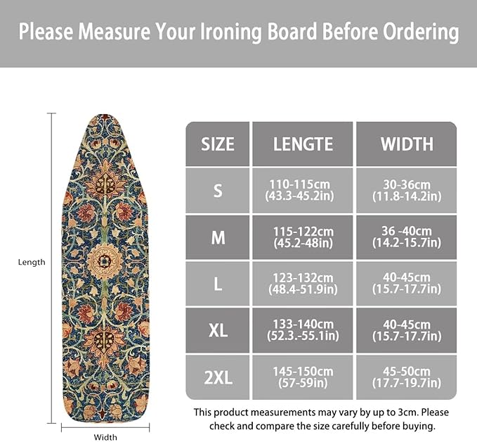 ZCFYGDX Vintage Flower Print 17 x 49 Ironing Board Covers Nylon Buckle Straps Fasteners & Elastic Edge Stain Resistant Breathable,Suitable for Multi-Size Iron Board Relaxing Ironing Experience