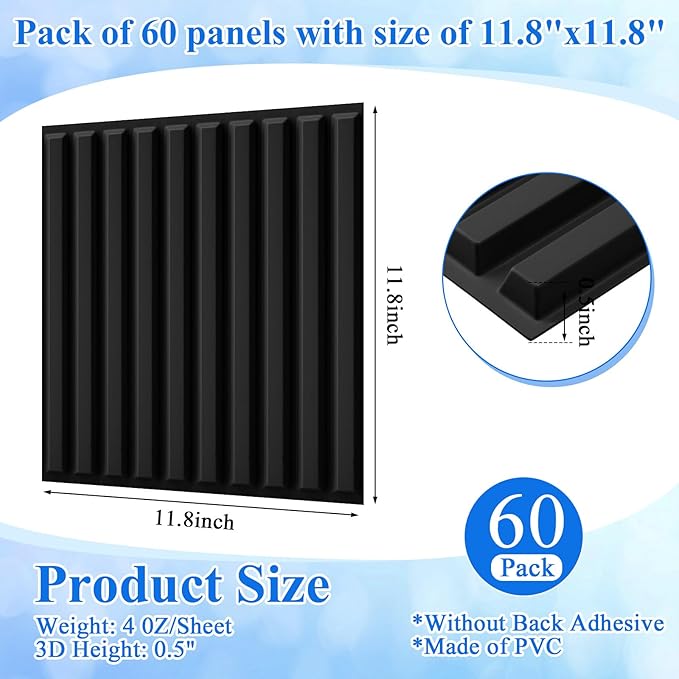 Nuanchu 60 Pcs 3D Slat Wall Panels 12 x 12 Inch PVC Fluted Textured Panel Cuttable Paintable DIY Wall Art Decorative Tiles for Ceiling Studio Bathroom Interior TV Background (Black)