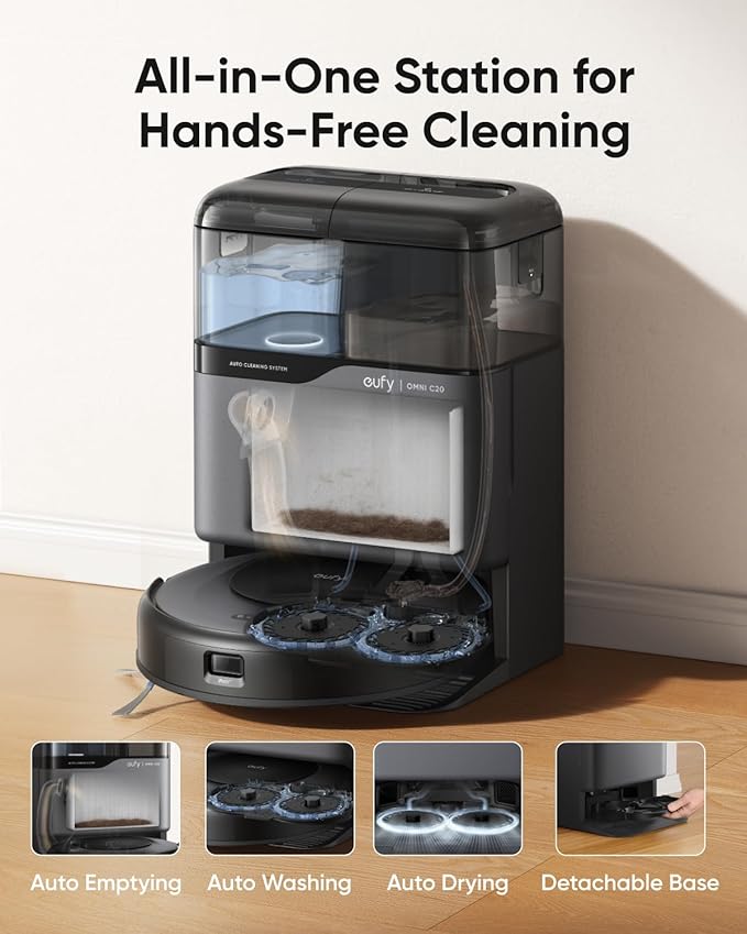 eufy Omni C20 Robot Vacuum and Mop Combo, All-in-One Station, Auto Mop Washing and Auto Drying for Hands-Free Cleaning, 7000 Pa Powerful Suction, Self Emptying, 3.35-Inch