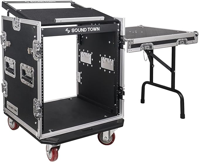 Sound Town High-Quality 1/2” (12mm) 12U PA DJ Pro Audio Rack/Road ATA Case with 11U Slant Mixer Top, Locking Drawer, Side Table, 20.2’’ Rackable Depth and Casters (STMR-12TD2)