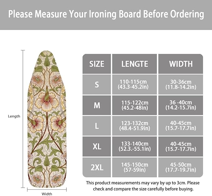 ZCFYGDX William Morris Art Ironing Board Covers,Stain Resistant & Anti-Scorch Elastic Edges Nylon Buckle Straps Hook & Loop Fastener Strap,Easy Install of Protective Decorative Cover 15x54 Inch