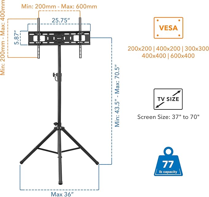 Mount-It! Tripod TV Stand – Portable TV Tripod for Flat Screens 32-70 Inch – Indoor/Outdoor Height Adjustable Stand, VESA 200x200 to 600x400, for LCD, LED, OLED, Curved TVs, Holds up to 77lbs
