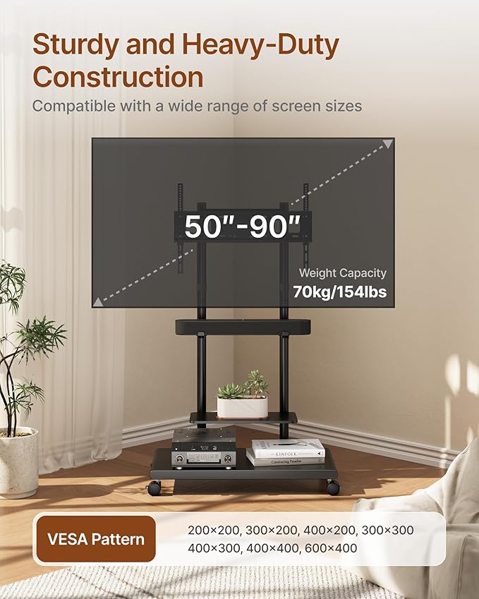 ECOTINY Steel Base Rolling TV Stand with Soundbar Mount for 50-90 inch TVs up to 154lbs, Swivel&Tilt Mobile TV Stand with Large Storage, Height Adjustable Heavy-Duty TV Cart, Max VESA 600x400mm, Black