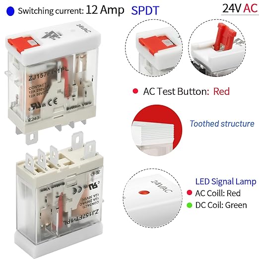Electromagnetic Power Relay 24VAC 12 Amp SPDT with Test Button, Indicator Light Module and Socket Base [Applicable for DIN Rail System] (5 Pin- 12A, AC 24V)