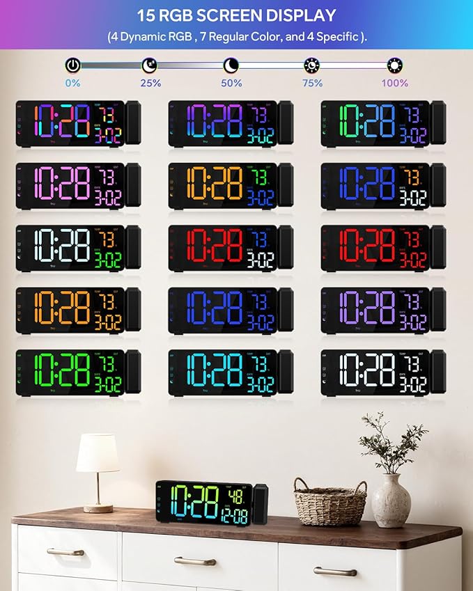 EVILTO Projection Alarm Clocks, RGB Desk Clock with 180° Rotatable Projector 15 Color Display, Date Temperature and Weekday, DST, Snooze, Ambient Lighting for Living Room,Bedroom Bedside Office Decor