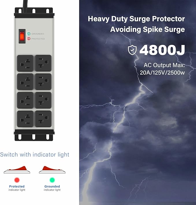 CCCEI 2PCS Heavy Duty Power Strip Surge Protector 20 AMP, 8 Outlets 12 Gauge Shop Garage Metal Multiple Outlets, 15 FT Extension Cord 5-15P Adapter High Amp 6-20R T-Slot 20a for Appliance Grey.