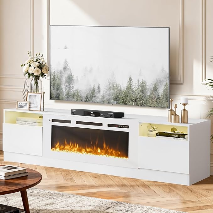 YISUFO 80” TV Stand with 36” Electric Fireplace, Large Modern Media Entertainment Center with Storage Cabinet and 12 Colors LED Lights for TVs Up to 90",All Black
