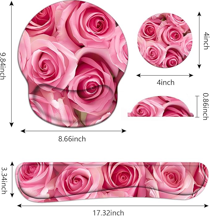 Keyboard Wrist Rest and Mouse Pad Wrist Support Set with Coasters, Non-Slip PU Base Ergonomic Gaming Mousepad for Home Office Working Studying Easy Typing & Pain Relief, Pink Roses