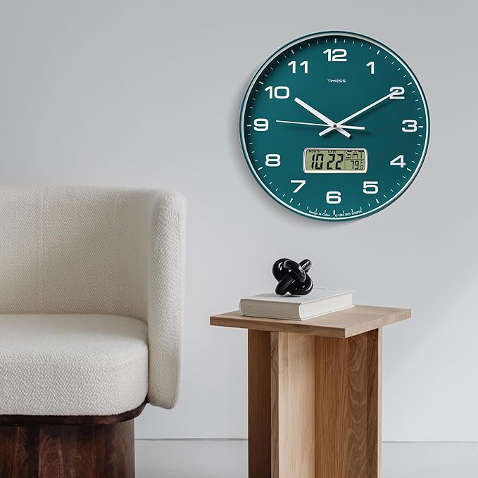 TIMESS Wall Clock, 14" Large Dial Non-Ticking Silent Battery Operated Analog with LCD Display for Perpetual Calendar and F° Temperature, Ideal Modern Home, Bedroom, Kitchen, Office Decor(Green)