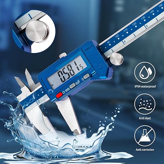 Dasqua Digital Caliper 8", IP54 Stainless Steel Water Resistant Caliper with Large LCD Display and Storage Case, Easy Switch Between Inch/Metric/Fraction, Accuracy 0.001'', Precision Measuring Tool