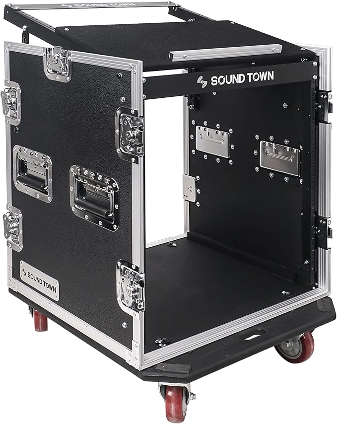 Sound Town Enhanced 1/2" (12mm) Plywood 12U PA DJ Rack/Road ATA Case with 11U Slant Mixer Top, 20’’ Rackable Depth and Casters, 12 Space Size, Pro Tour Grade (STMR-S12UW)