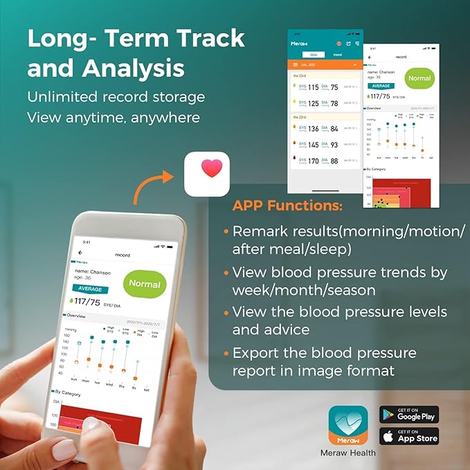 Meraw Blood Pressure Cuff Automatic Arm, Blood Pressure Monitor Home Use, Blood Pressure Machine Large Arm 8.6-16.5" Dual Users Bluetooth APP High Accuracy Irregular Heartbeat Monitoring Bag