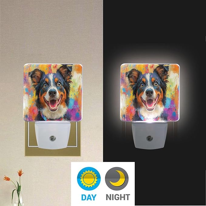 Pigsaly Led Night Light Colorful Australian Shepherds Dog Night Light Plug in Wall Lamp Smart Dusk to Dawn Sensor Nightlight Led Lamp Energy Saving Lights Gift for Kids Room Bedroom Bathroom Hallway
