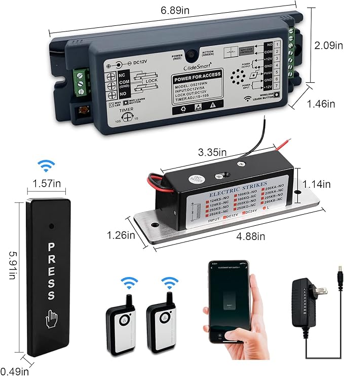 2.4GHz WiFi Access Control 400lb Holding Force Electic Magnetic Door Lock System Kit with Remote and Smartphone app Control, paired with Wireless Slim Push Switch (Electric Strike Lock kit)