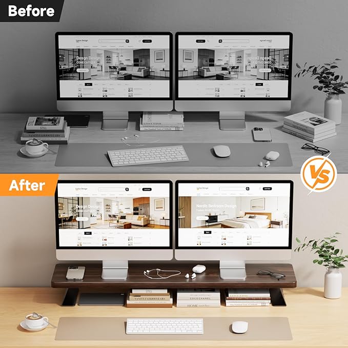 NestNeat Dual Monitor Stand Riser, 39 Inch Large Wood Monitor Stands for 2 Monitors, Desk Monitor Riser for Computer/Laptop/Printer/TV, Stand Riser up to 220 lbs