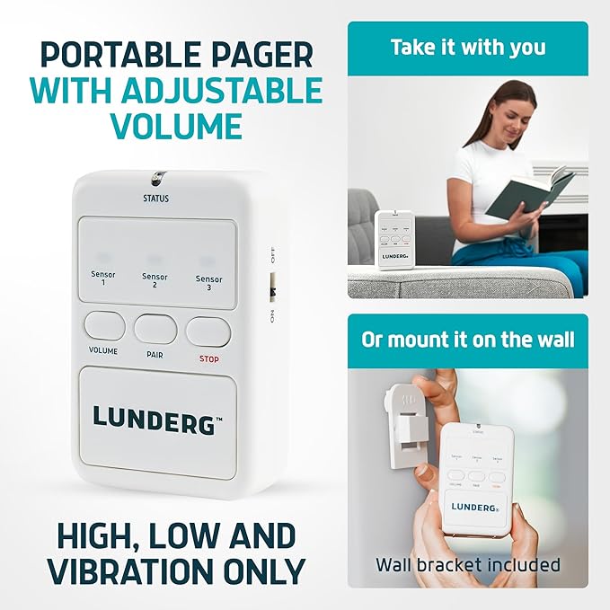 Lunderg Early Alert Bed Alarm for Elderly Adults - Wireless Sensor Pad & Pager - with Pre-Alert Smart Technology - Safety Bed Alarms and Fall Prevention for Elderly and Dementia Patients