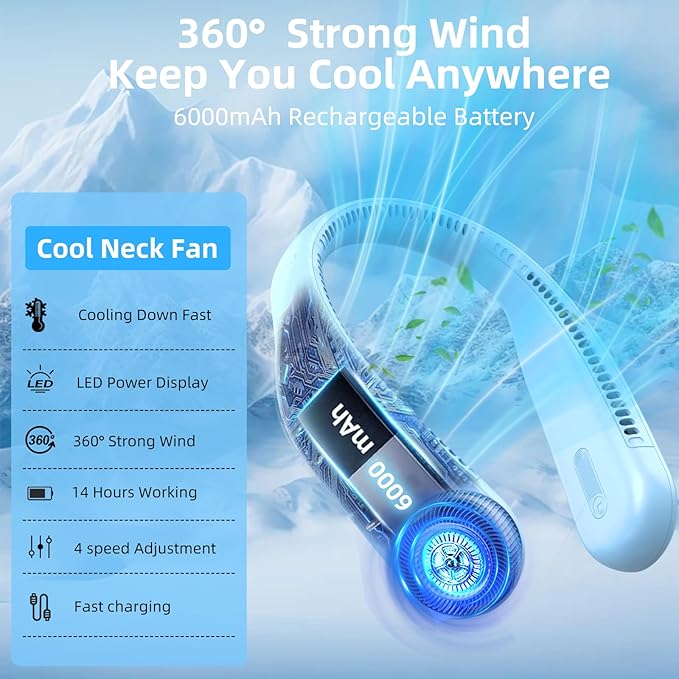 Kinhowly Portable Neck Fan,Hands Free Personal Wearable Bladeless Fan,6000mAh USB Rechargeable,360° Cooling,LED Display,4-Speeds,Birthday Gifts for Men Women Dad Mom,Valentines Day Gifts (Light blue)