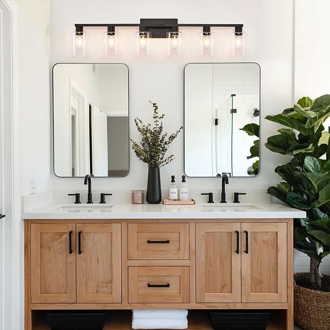 SOPEAS 6-Light Bathroom Vanity Light Black Vanity Lights for Bathroom Light Fixtures Matte Black 6 Light Fixtures with Clear Glass Shades for Bath Over Mirror