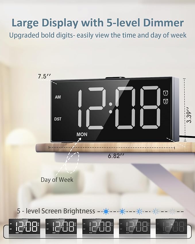 Alarm Clock for Bedroom Heavy Sleepers, Dual Alarms,Weekday/Weekend/Everyday,7.5''LED Large Display,5 Dimmer,Digital Clock with Snooze, 5 Volume,Type C & USB Chargers,Snooze,Battery Backup,Easy to Use