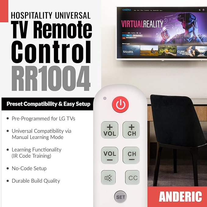 [10 Pack] Anderic Easy Big Button Universal TV Remote Control. Easy to Use, Learning, Glow Keys - Television & Cable Box Controller, Perfect for Assisted Living Elderly Care - White - RR1004