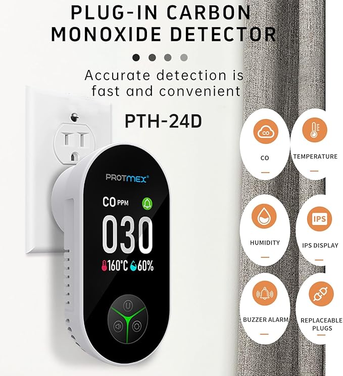 Protmex Carbon Monoxide Detector Plug in Wall, 3-in-1 Co Detector Monitor Air Quality with Temperature Humidity Sensor, Portable CO Meter Easy to Read & Install, for Home/Hotel/RV