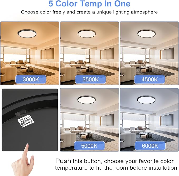 hunhun 2 Pack 16 Inch Dimmable LED Flush Mount Ceiling Light 4800LM Round Light Fixture 5 Color Temperature Selectable Super Slim Large Flat Ceiling Lamp for Living Dining Room Black
