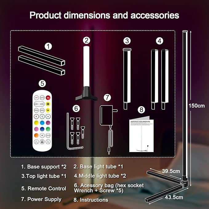 Tyute LED Corner Floor Lamp, 68+ Scenes, 16 Million Colors Corner Light with App & Remote Control, 65” Smart RGB Ambient Lighting with Music Sync, Mood Lighting for Bedroom, Living Room, Gaming Room