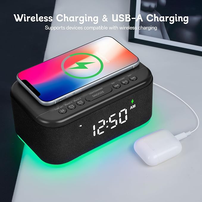 Bluetooth Alarm Clock Radio Bedroom, Digital Dual Alarm Clock Bedroom, Up to 10 Alarms Clock Night Light Speaker App/Button Control FM Charge Snooze Adjustable Brightness Dim 12/24H, Matte Black