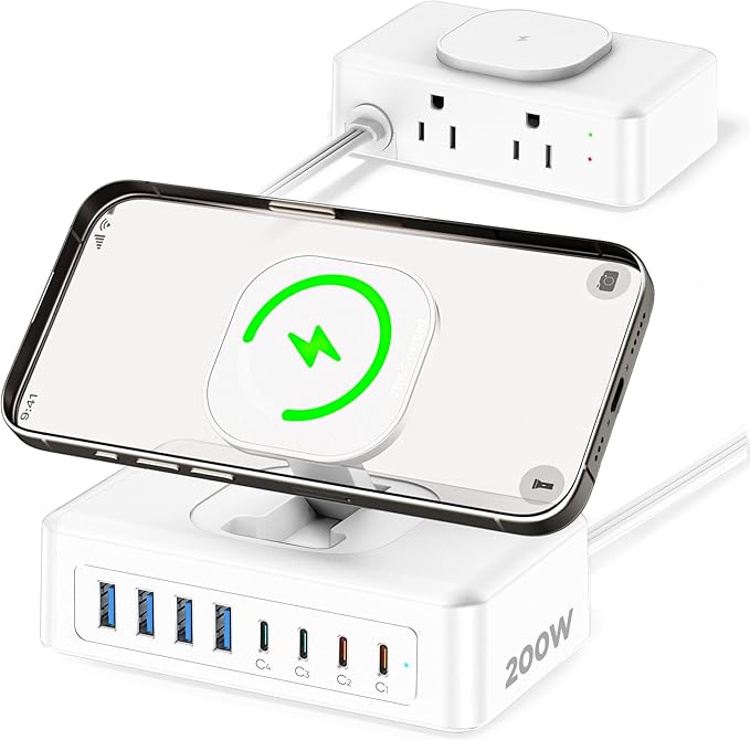 11-in-1 Charging Station USB-C Power Strip, 200W USB C Charger Block, 2AC Outlets 8USB Ports(4USB-C) Surge Protector, 5FT Flat Plug Extension Cord, PD65W Desktop Fast Charging for Home Office, White