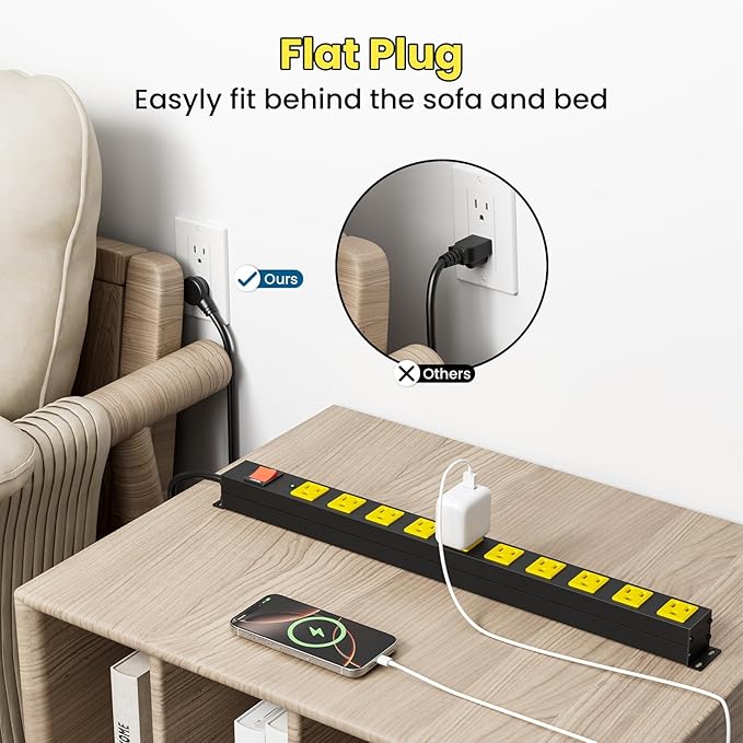 10 Outlet Metal Power Strip with 2100J Surge Protector, Heavy Duty 6FT Extension Cord, Wide Spaced Outlets and Wall Mount for Garage, Workshop, Industrial, Home, Ideal Gift for Father (6ft)