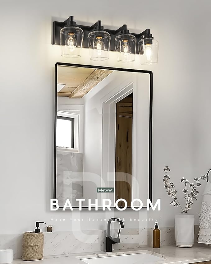 METWET Bathroom Light Fixtures, 4-Light Modern Vanity Light with Clear Glass Wine Glass-Shaped Shade, Vanity Lighting Fixtures Over Mirror, Matte Black, VL155-MB-4