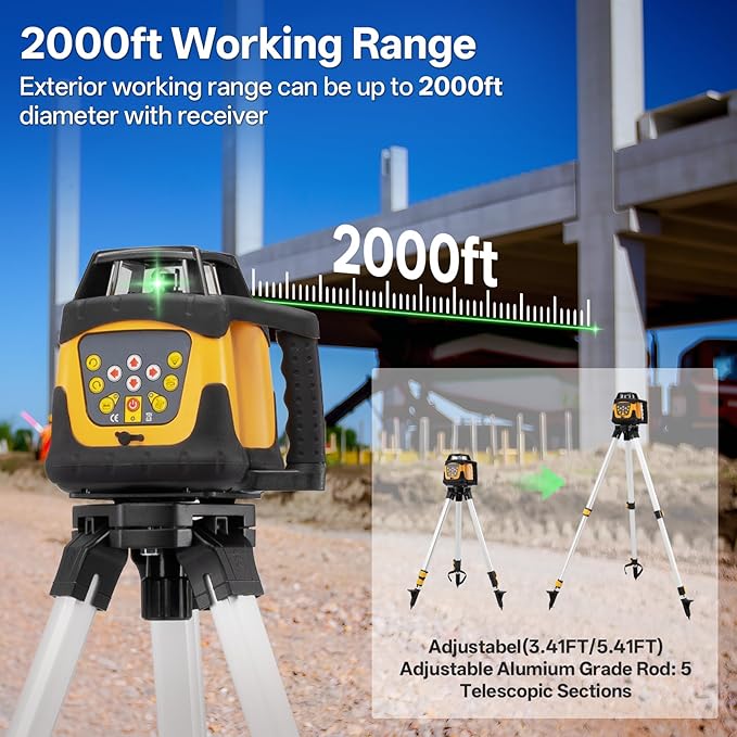 Self-Leveling Green Rotary Laser Level Kit, 2000ft Range with Receiver, ±1/8" Accuracy at 100ft, Class II ≤ 5 mW Laser, IP66 Waterproof, Includes Tripod, Grade Rod & Carrying Case