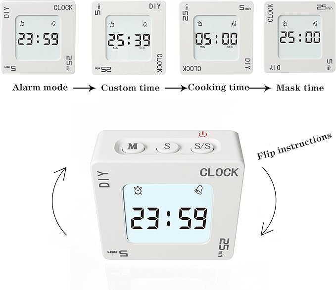 Excellent Home & Office Timer with Clock, 5, 15, 25 and DIY Custom Set Time Minutes Preset Countdown Timer, Easy-to-Use Time Management Tool (White), G400