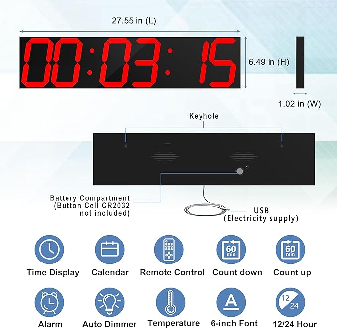 CHKOSDA Digital Wall Clock, Oversize Led Digital Clock Large Display with Auto Dimmer, Huge Countdown Timer with Remote Control, 27" Wide Led Display, 6 Digits, Wall Mount, Date and Temperature (Red)