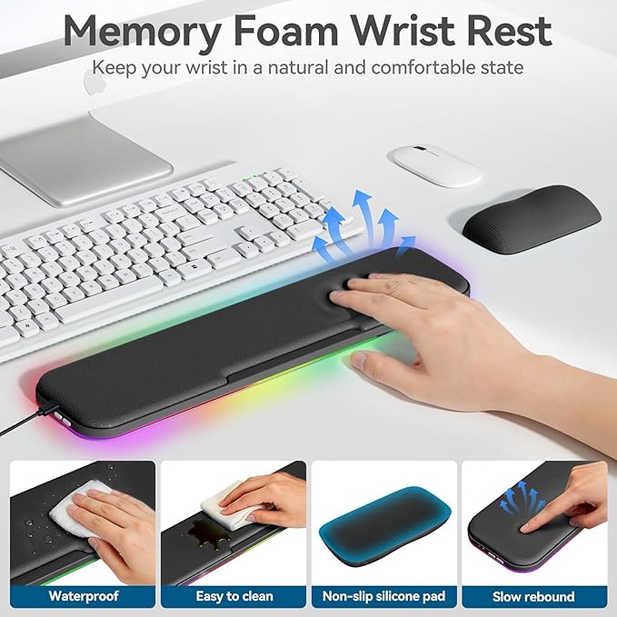 KONDOUND 2-in-1 Heated Wrist Rest Set, Ergonomic Memory Wrist Pad with RGB Lights and Non-Slip Base, Keyboard Mouse Wrist Rest for Computer Laptop Office Work and PC Gaming