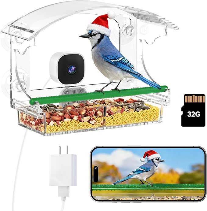 Dzees Smart Window Bird Feeder with Camera, Clear 2K HD Camera with AI Bird Identifier, Live Stream & Auto-Capture, Easy Suction Cup Installation, Perfect Tech Gift for Nature Lovers