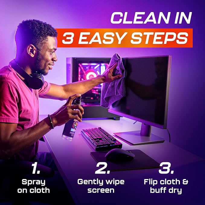 Clean Game Monitor Cleaner Spray & Microfiber Cloth 8oz, Streak-Free Computer Screen Cleaner Spray and Wipe for Gaming, Computer, Phone, iPad, MacBook Laptop Cleaning Kit Electronic Screen Cleaners