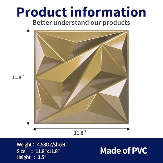 Art3dwallpanels 33 Pack 3D Wall Panel Diamond for Interior Wall Décor, PVC Textured Wall Panels, 12''x12'' Cover 32.Sq.Ft. Golden
